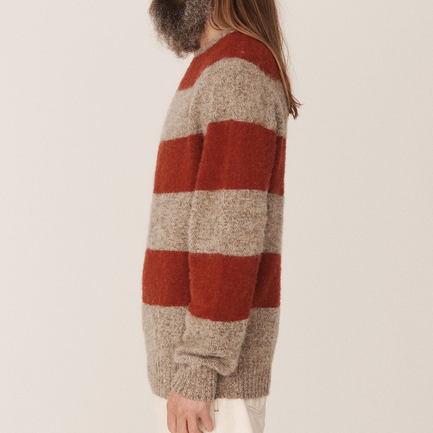 - Suedehead Crewneck Stripe Knit - Light Brown/Red