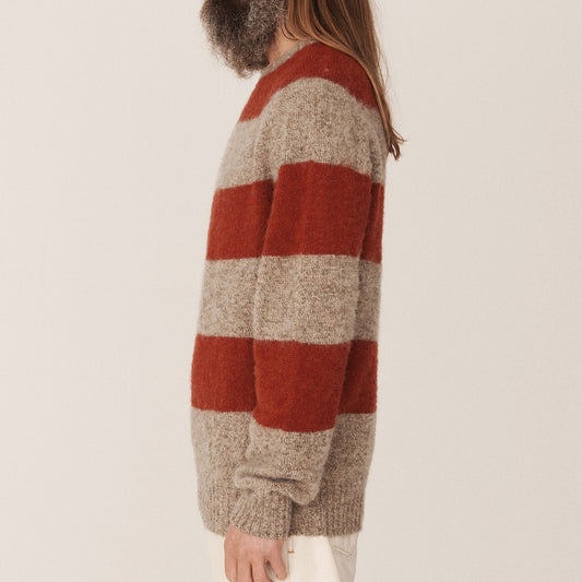 - Suedehead Crewneck Stripe Knit - Light Brown/Red