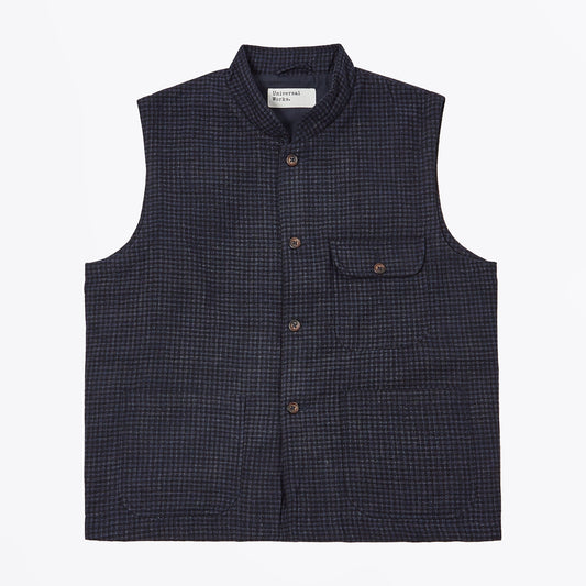 - Check Wool Mix Battleman Waistcoat - Navy