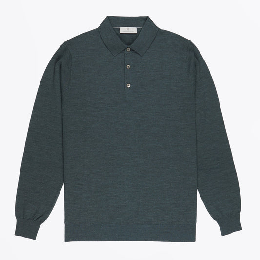 Merino Button Pullover Polo - Pine Green Melange