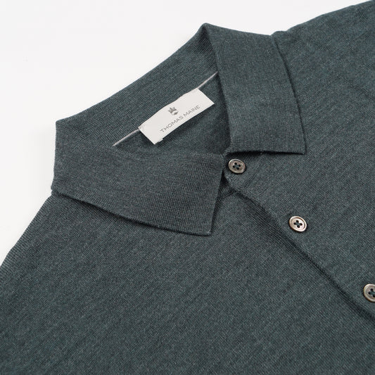 Merino Button Pullover Polo - Pine Green Melange