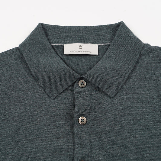 Merino Button Pullover Polo - Pine Green Melange