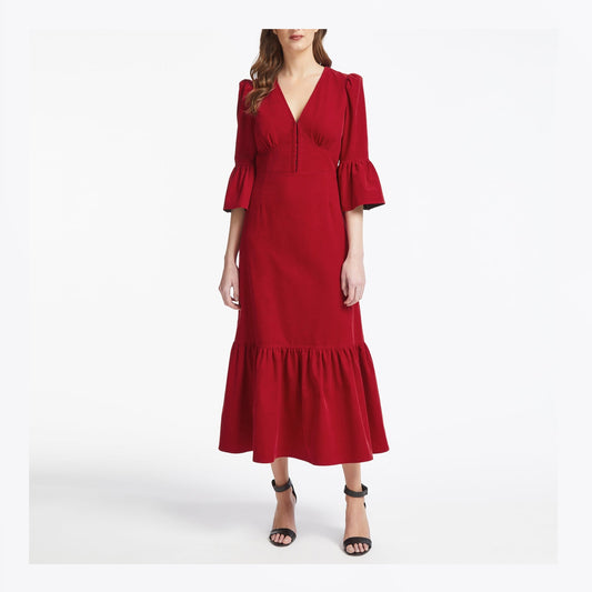 - Daphne Corduroy V Neck Maxi Dress - Red
