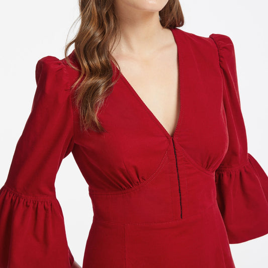 - Daphne Corduroy V Neck Maxi Dress - Red