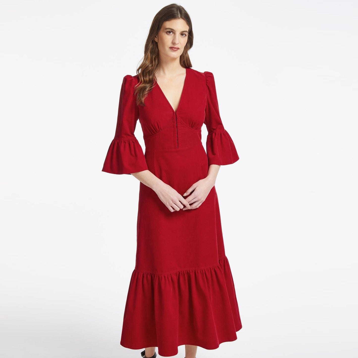 - Daphne Corduroy V Neck Maxi Dress - Red