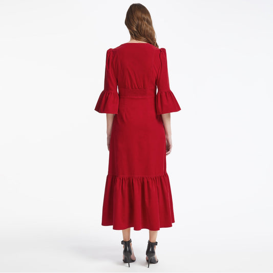 - Daphne Corduroy V Neck Maxi Dress - Red