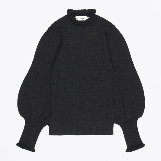 Judy - Frill Neck Rib Knit Jumper - Charcoal