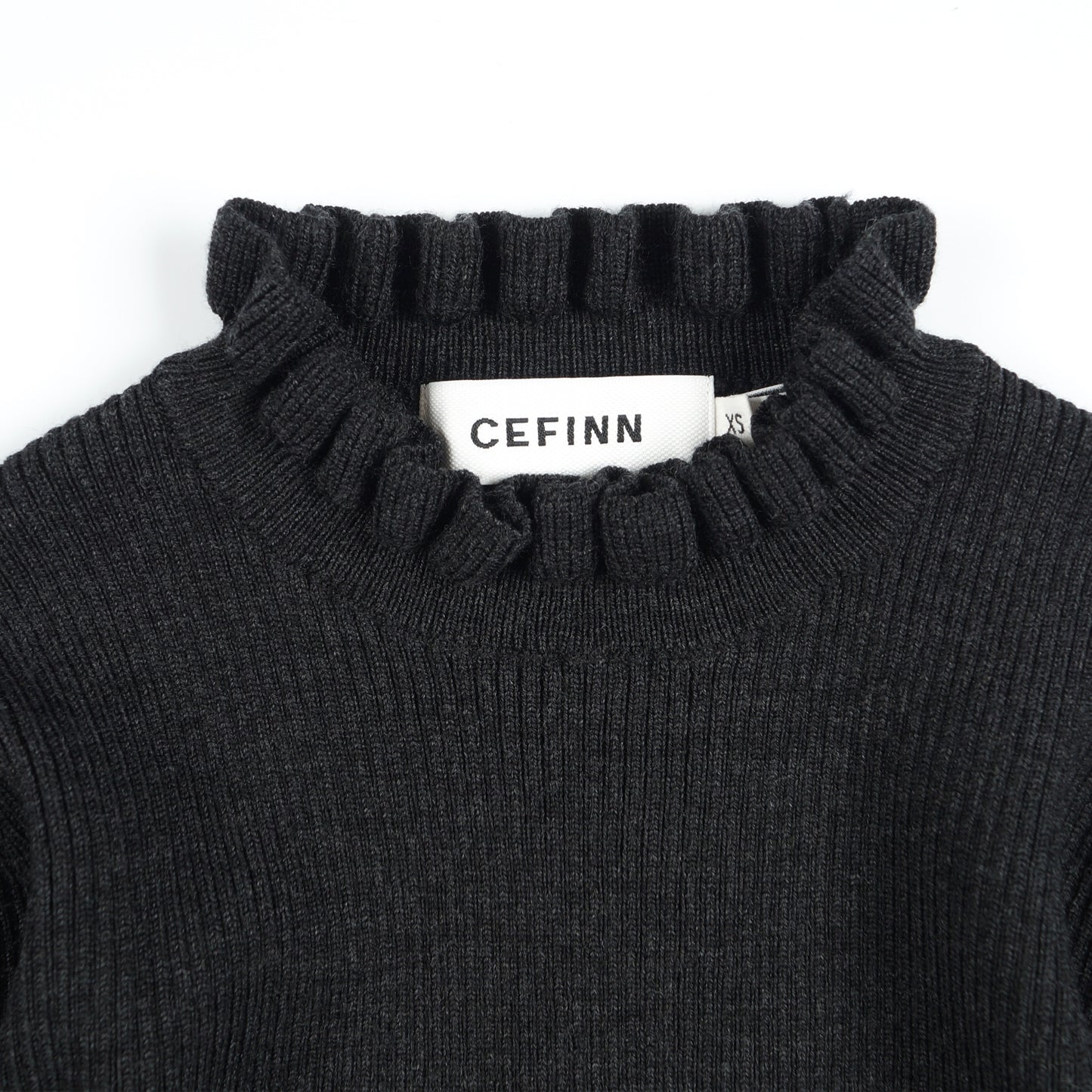 Judy - Frill Neck Rib Knit Jumper - Charcoal