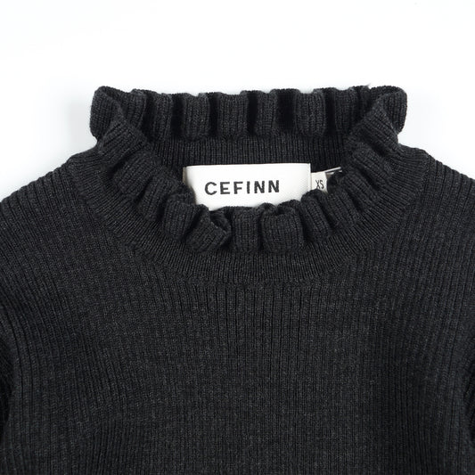 Judy - Frill Neck Rib Knit Jumper - Charcoal