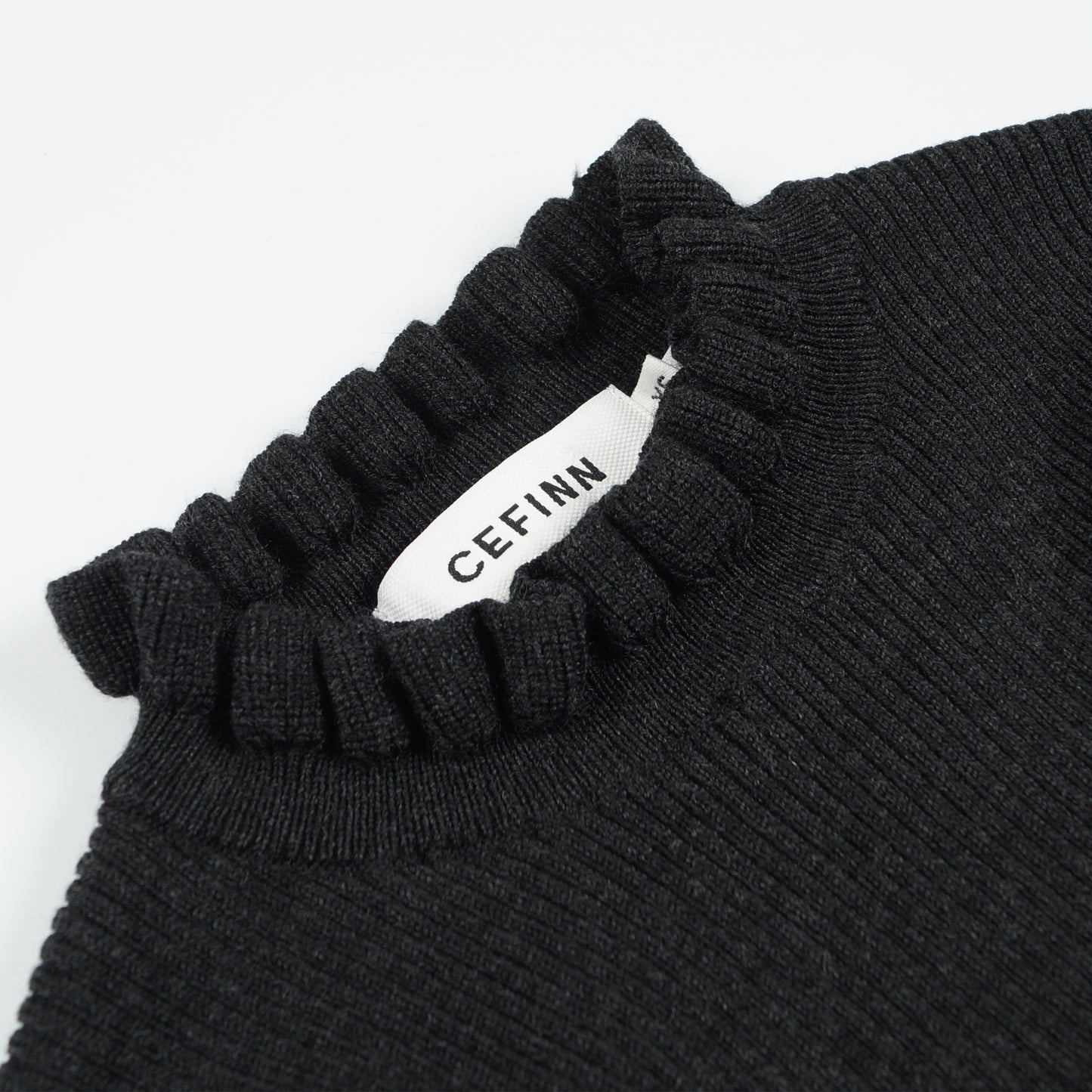 Judy - Frill Neck Rib Knit Jumper - Charcoal