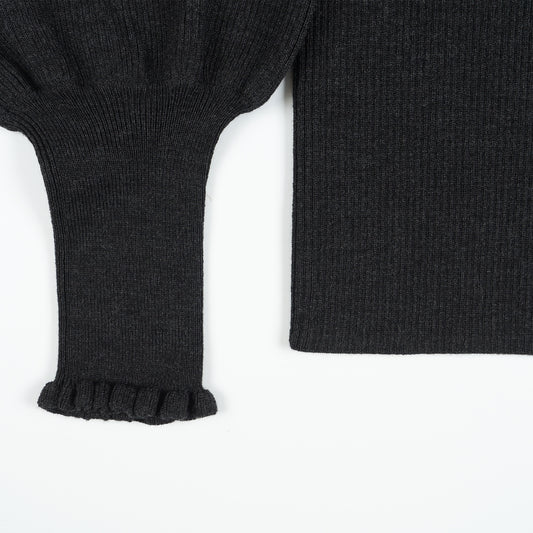 Judy - Frill Neck Rib Knit Jumper - Charcoal