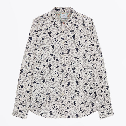 - Tailored Fit Long Sleeved Pattern Shirt - White
