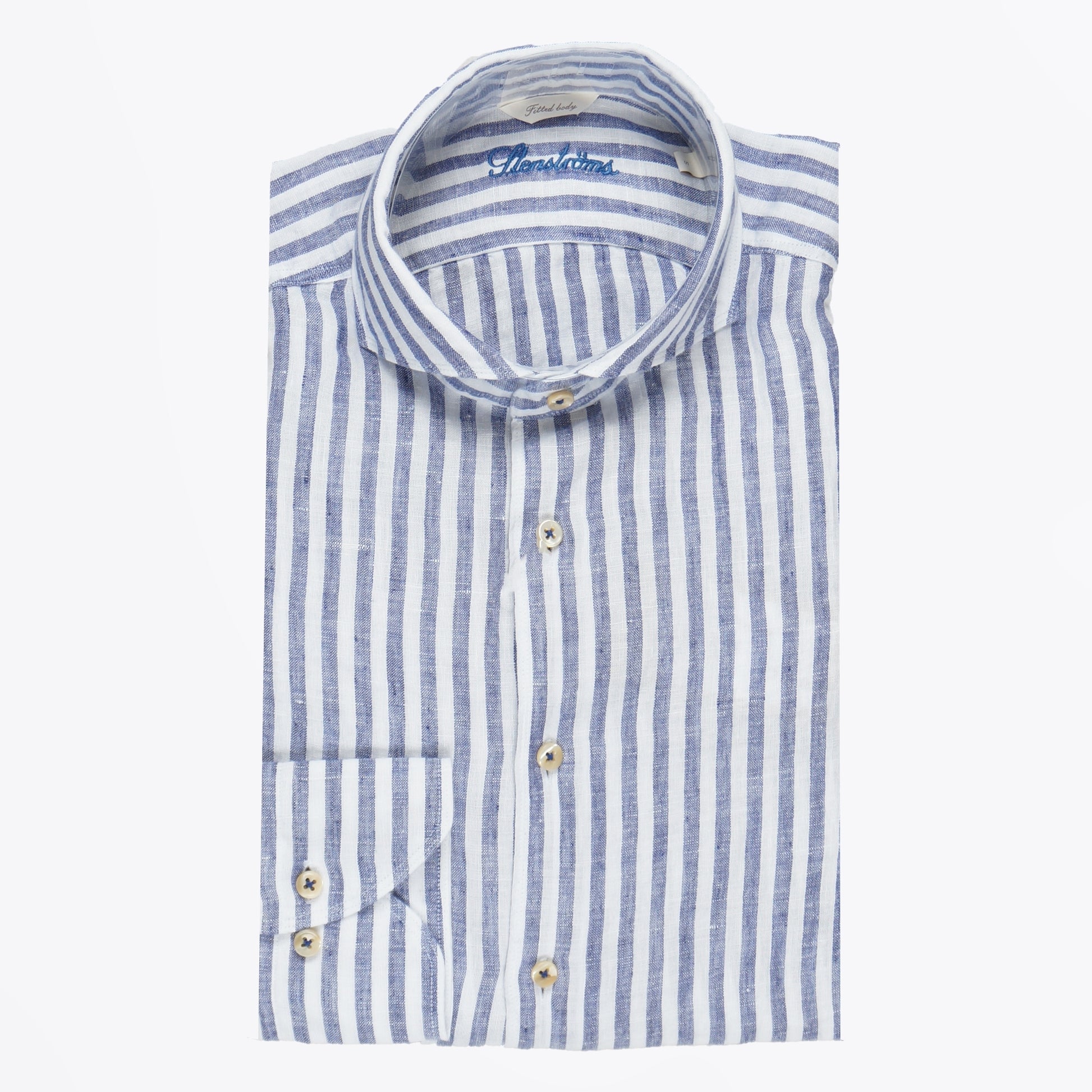 Stenstroms - Fitted Body Linen Stripe Shirt - Navy