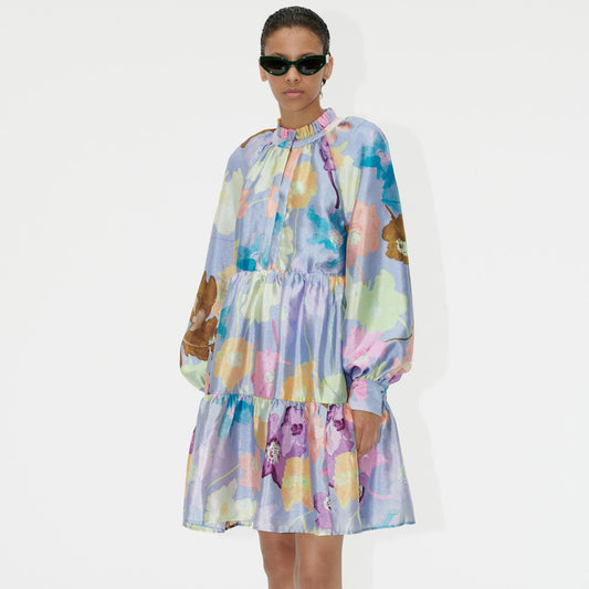 Jasmine Textured Poly Dress - Filigran Flower Blue