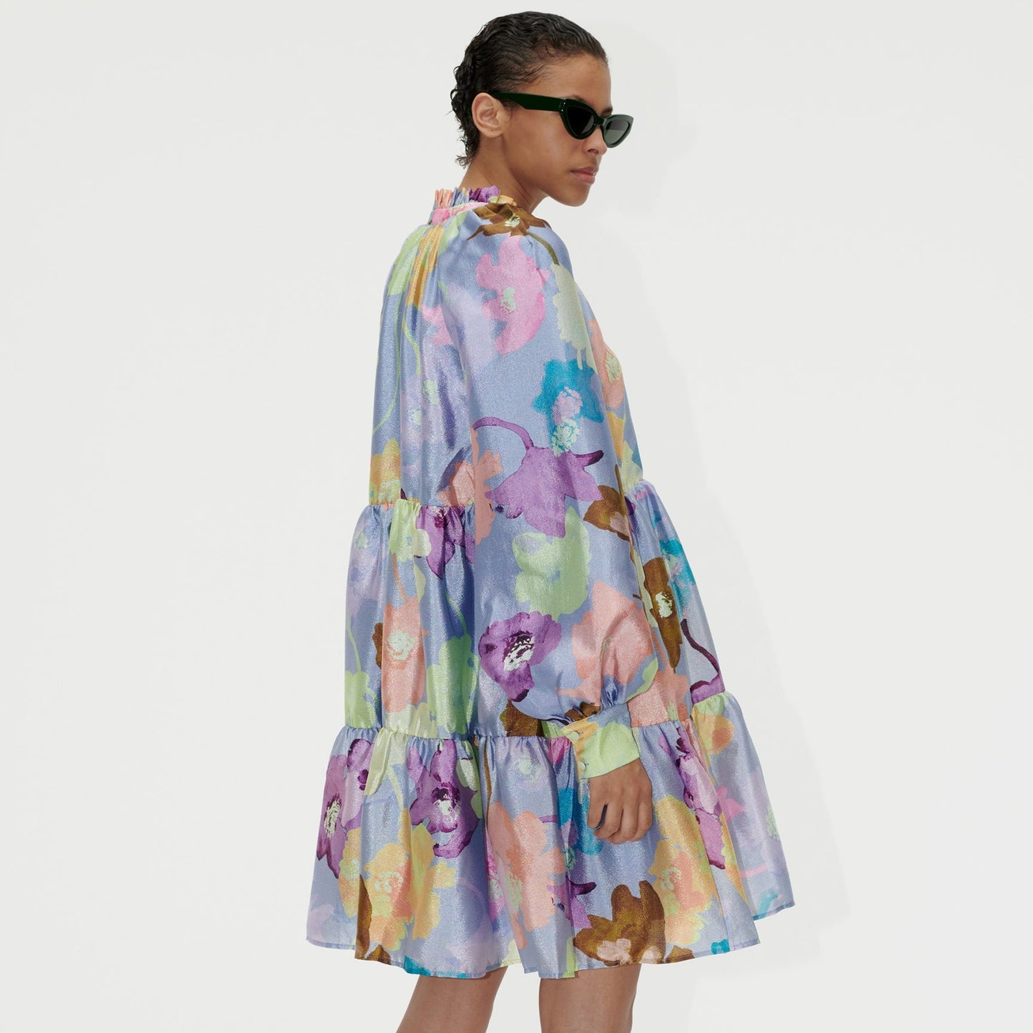 Jasmine Textured Poly Dress - Filigran Flower Blue