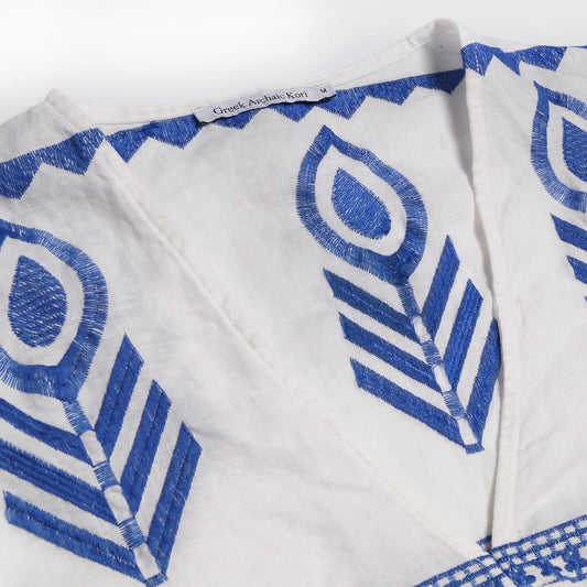 - Feather Bell Sleeve Top - White/Blue