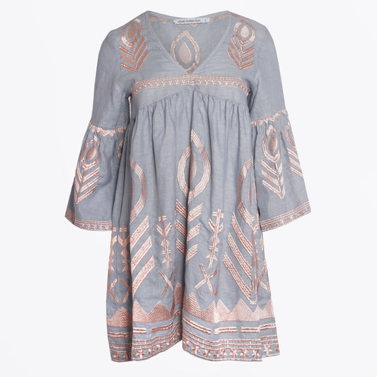 - Feather Embroidered Dress - Light Grey Pink Bronze