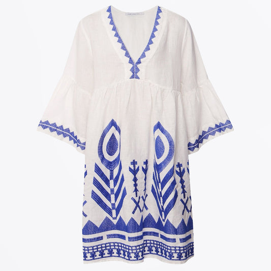 - Feather Chevron Mini Dress - White Blue