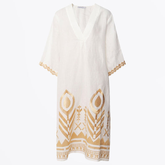 - Feather Linen V Neck Kaftan Dress - White Gold