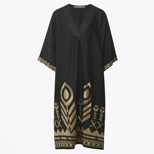 - Feather V Neck Linen Kaftan Dress - Charcoal Gold