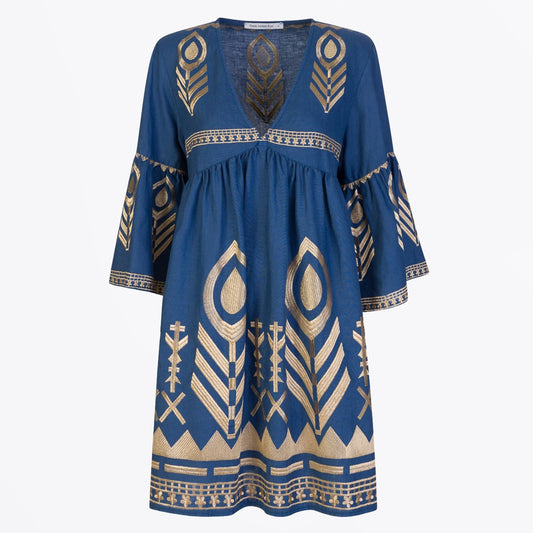 - Feather Bell Sleeve Mini Dress - Indigo Gold