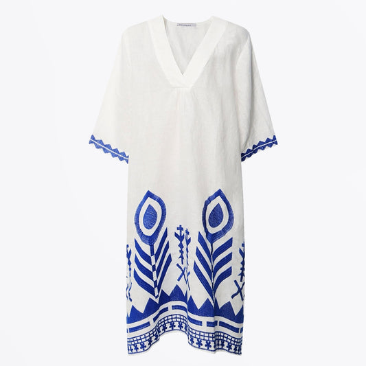 - Feather V-neck Linen Kaftan Dress - White Blue