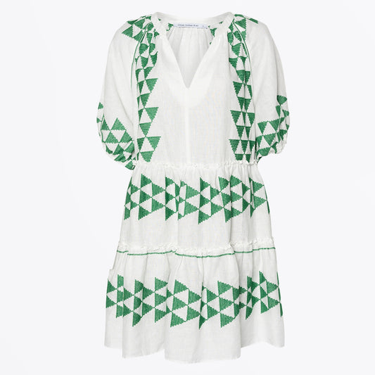 - Short Sleeve Arrow Cotton Dress - White Green