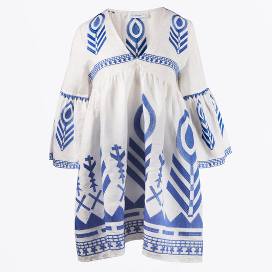 - Feather Bell Sleeve Dress - White Blue