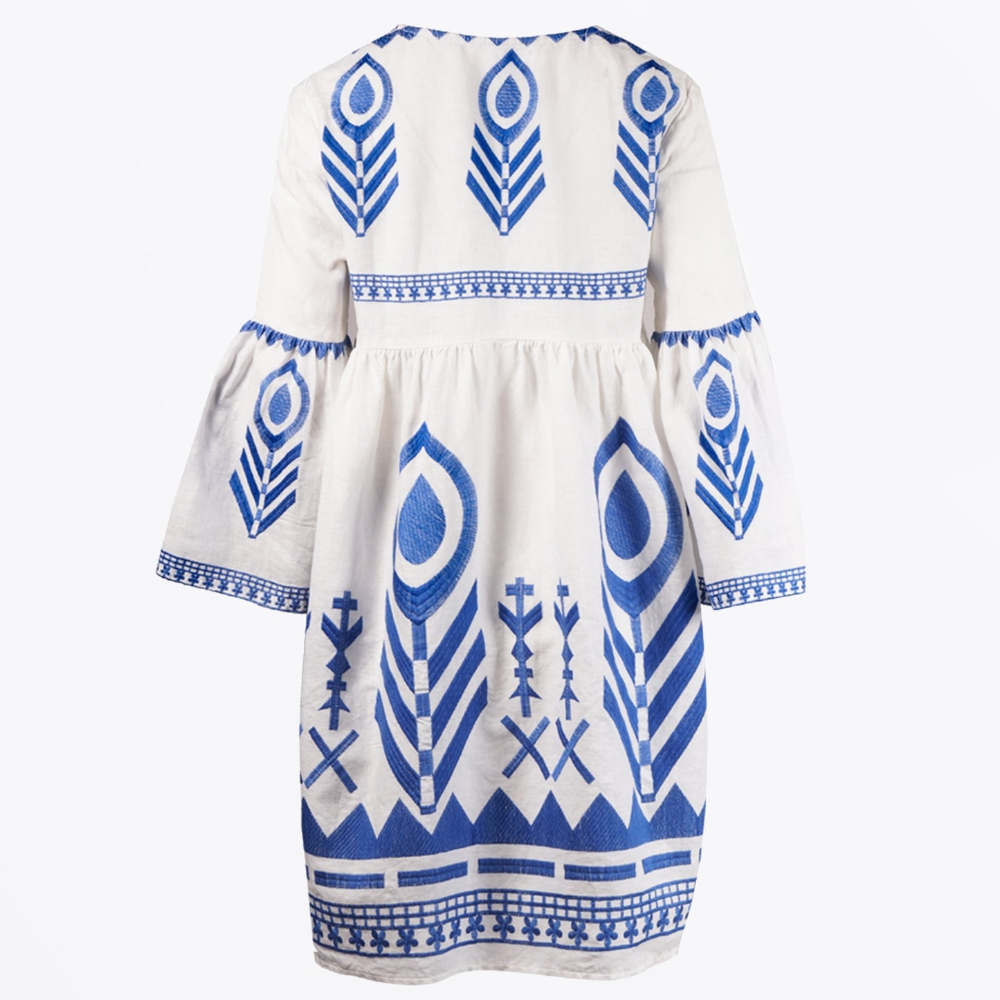 - Feather Bell Sleeve Dress - White Blue