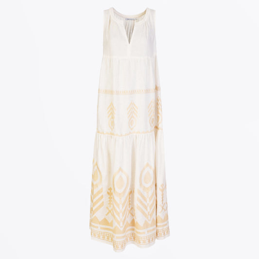 - Sleeveless Feather Maxi Dress - White Gold