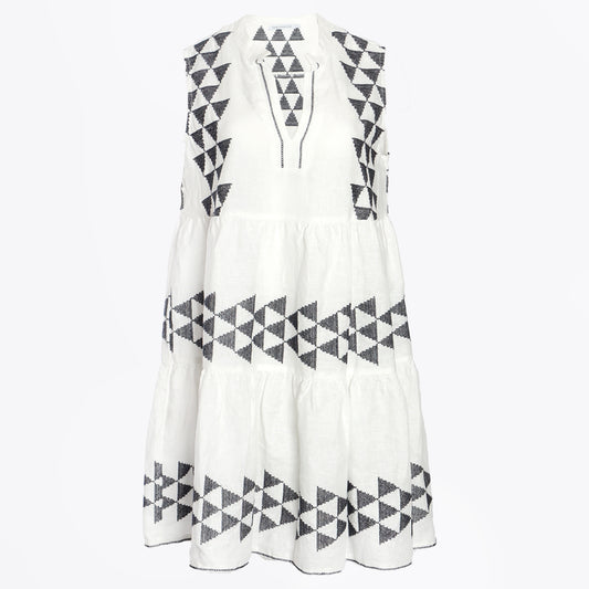 - Sleeveless Arrow Linen Dress - White