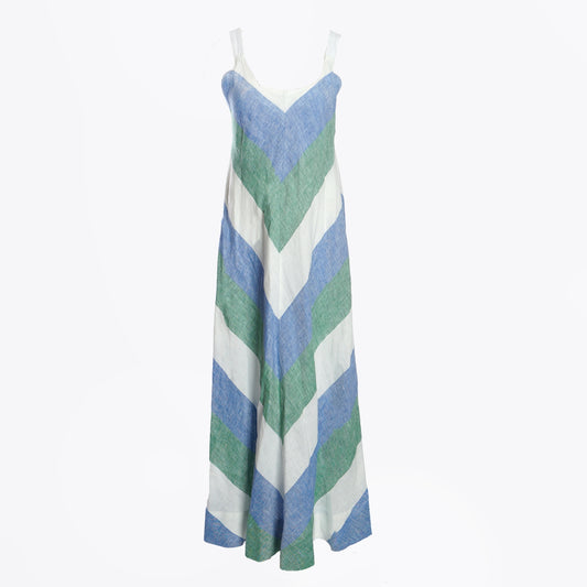 Linen Stripe Maxi Dress - Green Blue