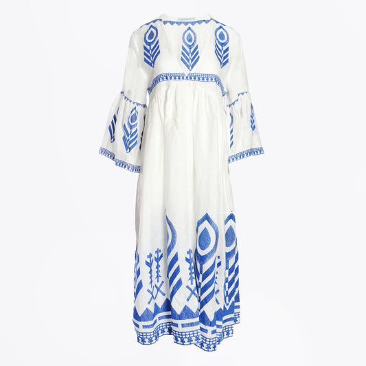 Maxi Dress Feather Bell Sleeve - White Blue