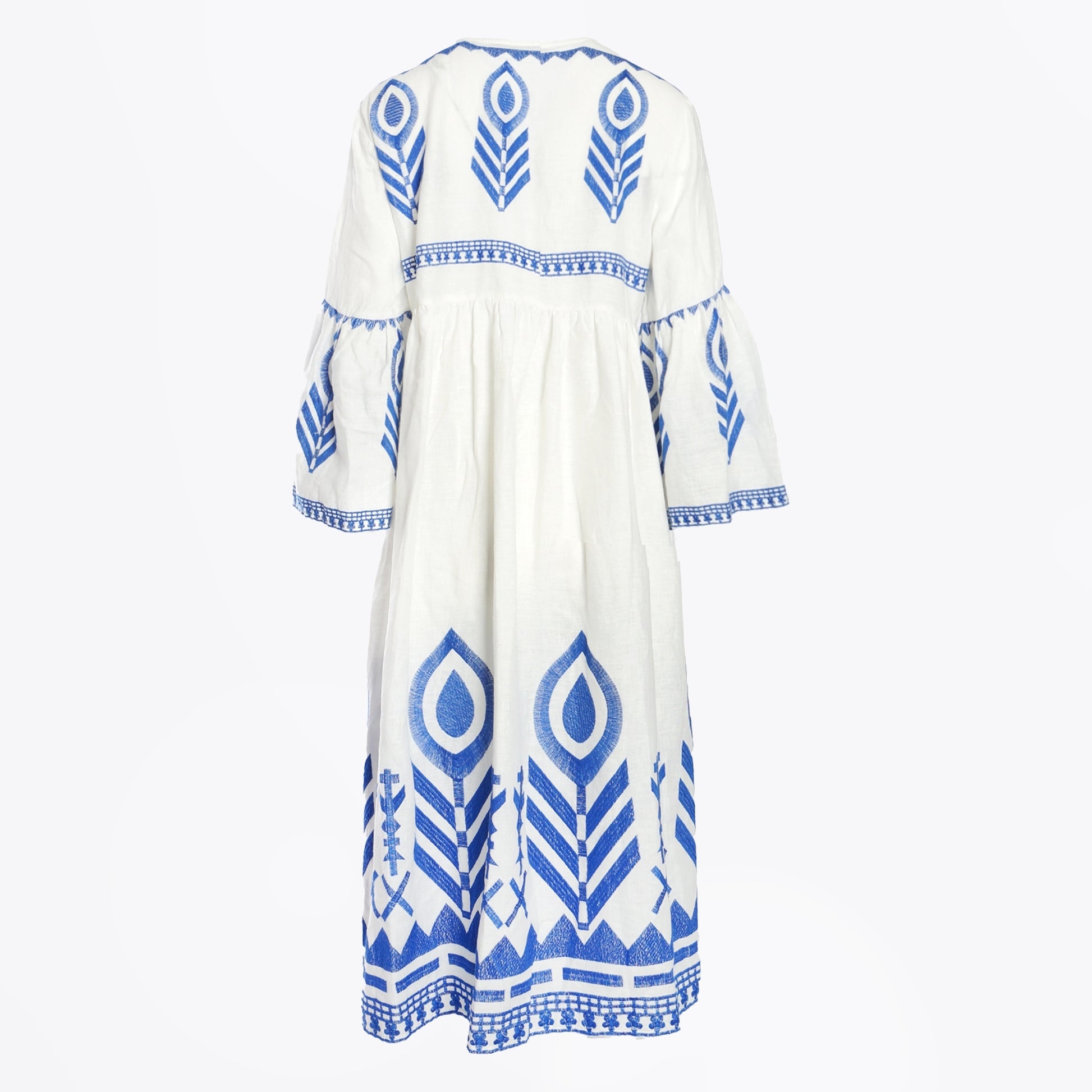 Greek Maxi Dress Feather Bell Sleeve - White Blue