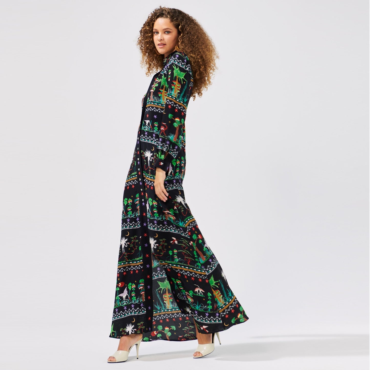 - Silk Maxi Shirt Dress - Black