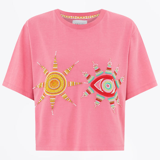 - Embellished Crew Neck Cropped T-Shirt - Pink