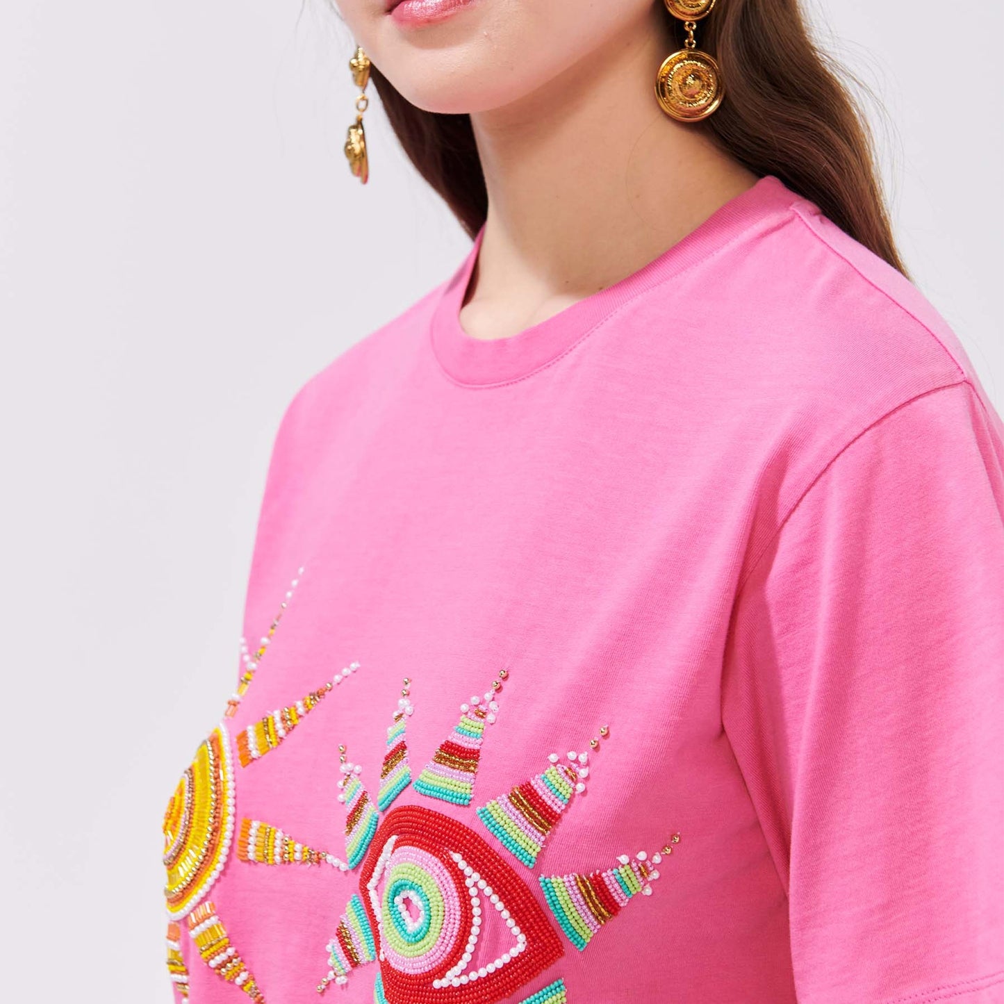 - Embellished Crew Neck Cropped T-Shirt - Pink