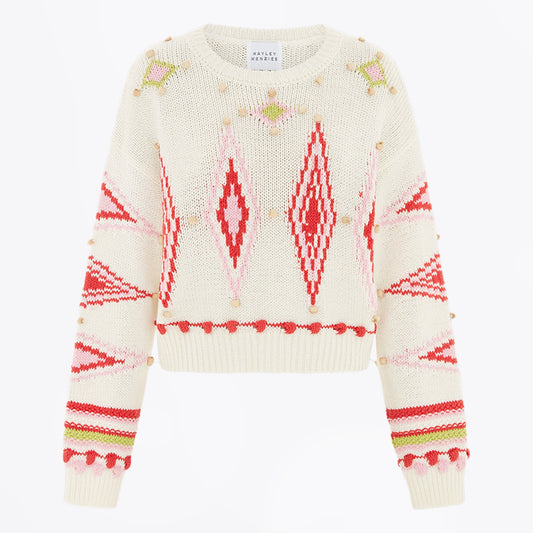 - White Beaded Intarsia Boxy Knit - Off White