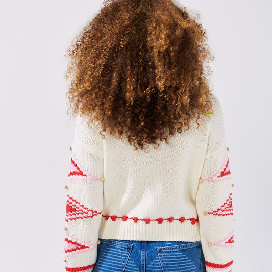 - White Beaded Intarsia Boxy Knit - Off White