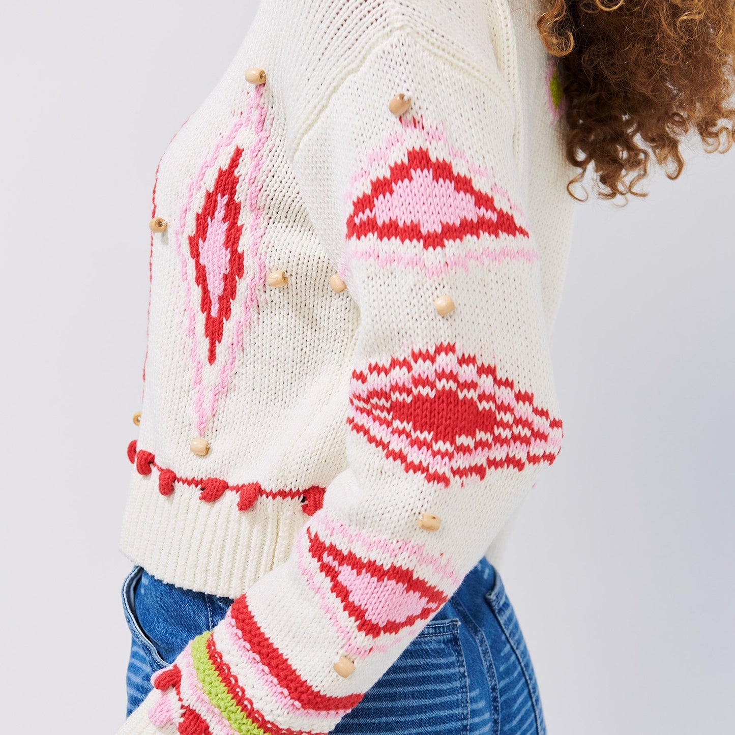 - White Beaded Intarsia Boxy Knit - Off White