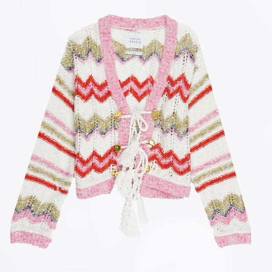 - Boucle Tie Front Cardigan - Zig Zag White
