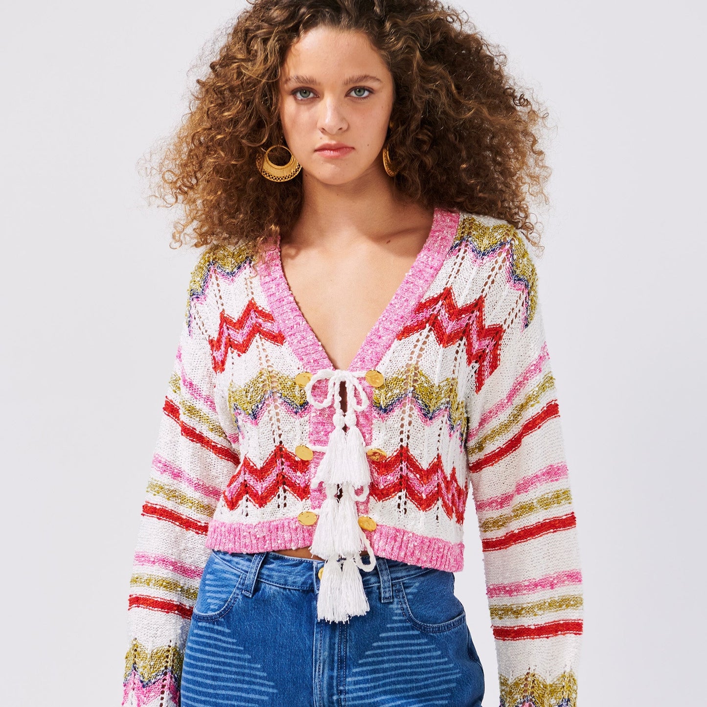 - Boucle Tie Front Cardigan - Zig Zag White