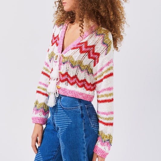 - Boucle Tie Front Cardigan - Zig Zag White