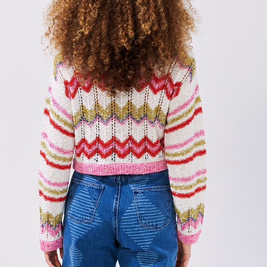 - Boucle Tie Front Cardigan - Zig Zag White