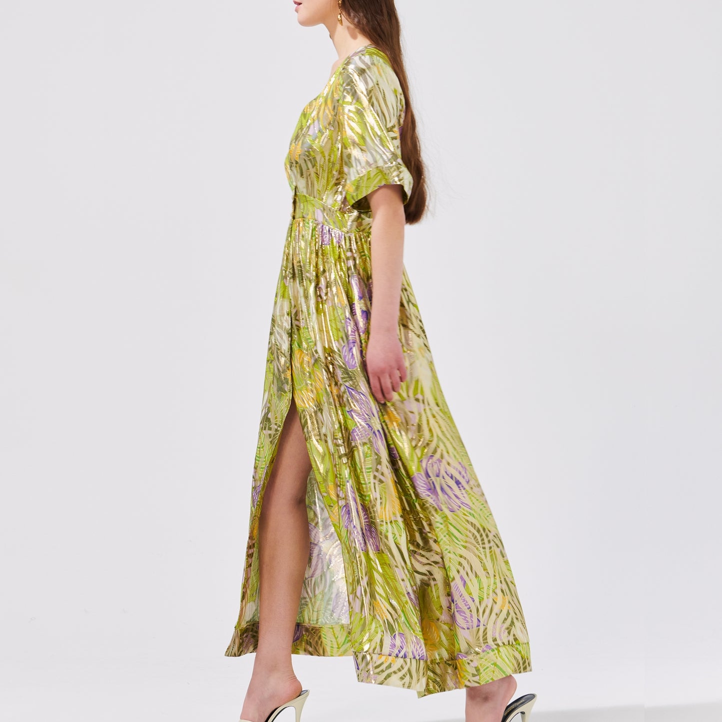 - V-Neck Lurex Jacquard Maxi Dress - Tropical Hibiscus