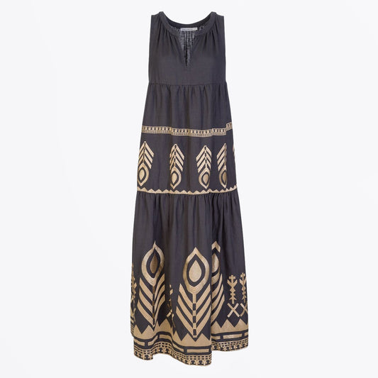 - Feather Sleeveless Dress - Charcoal Gold