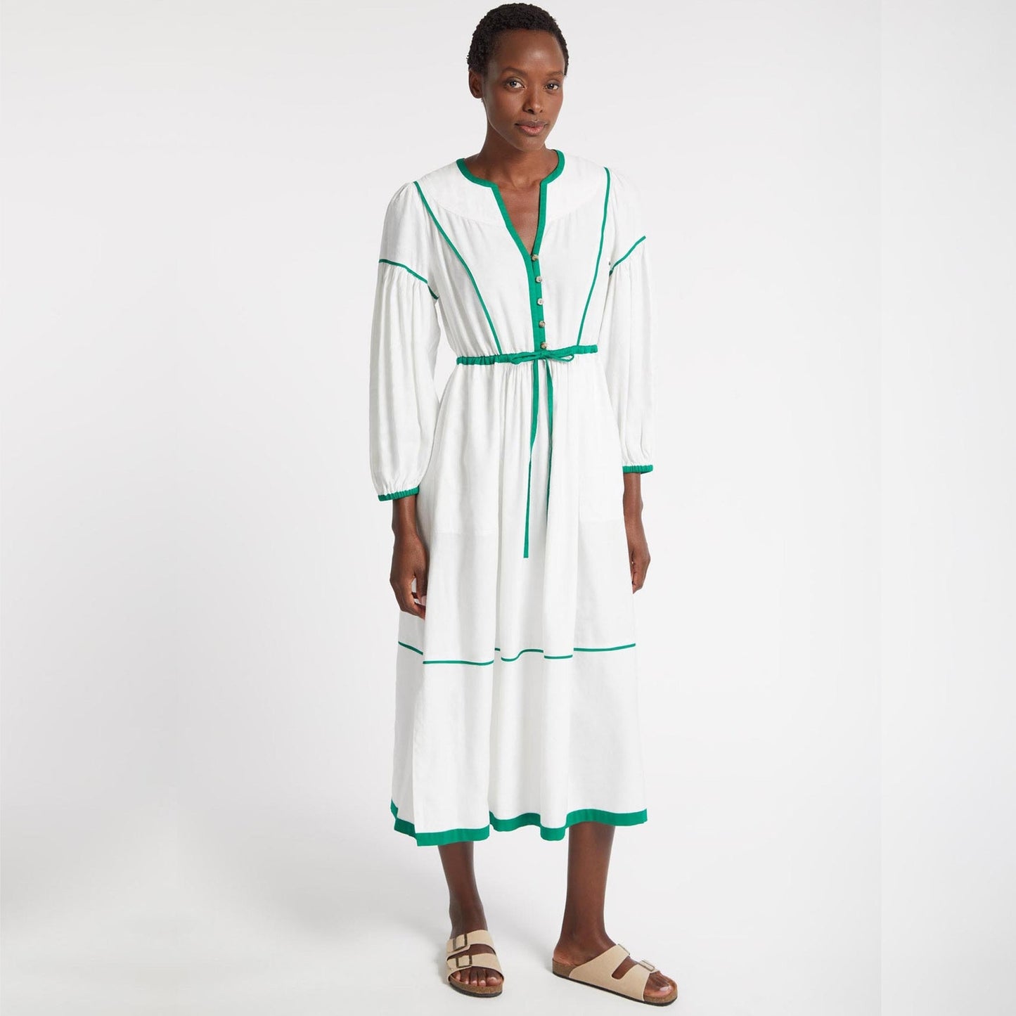 Linen Contrast Detail Dress - White
