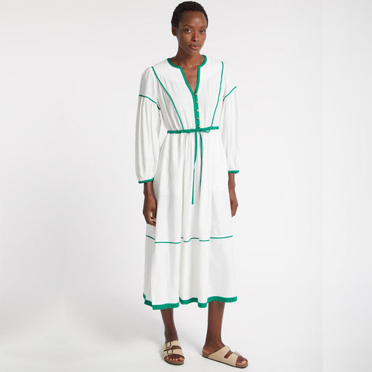 Linen Contrast Detail Dress - White