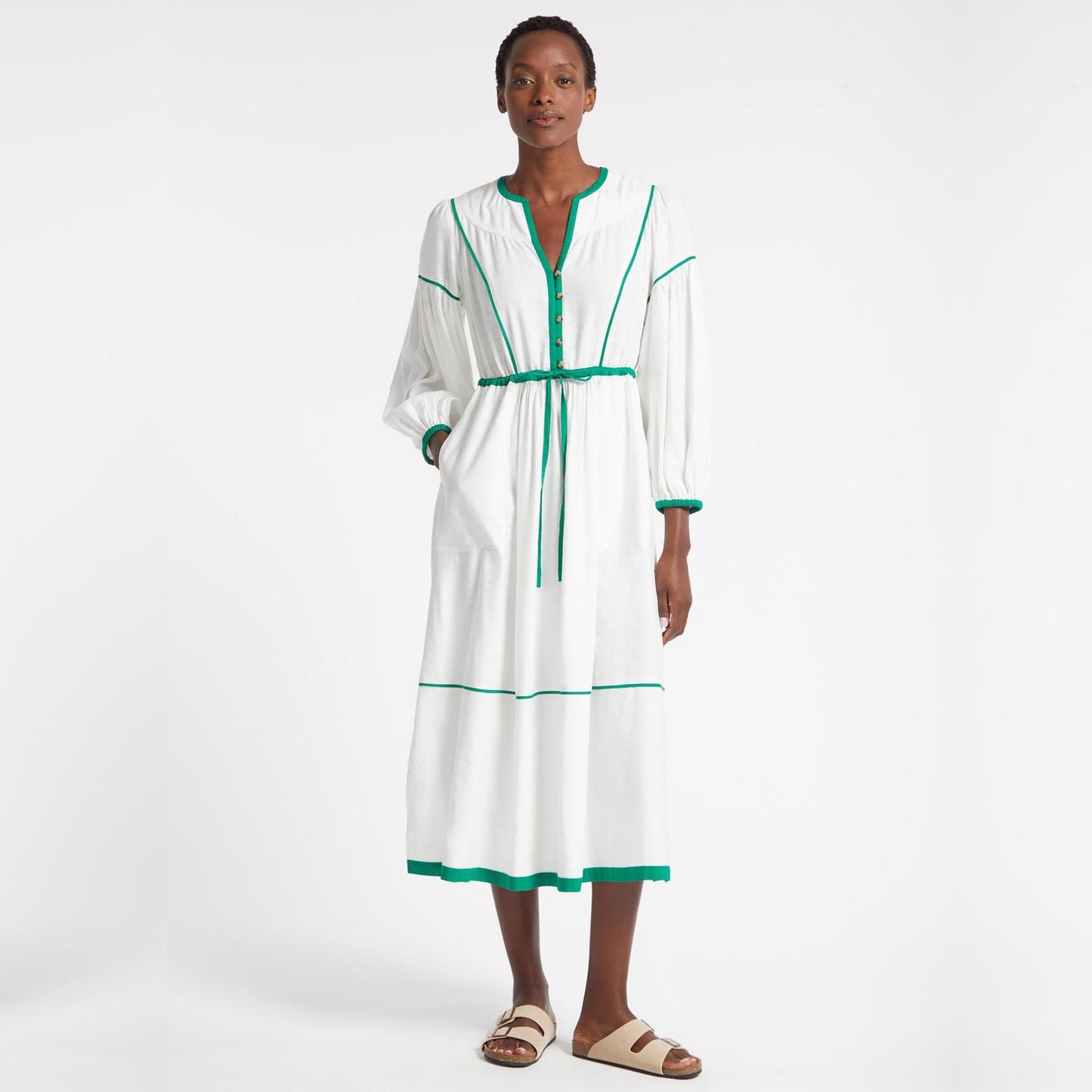 Linen Contrast Detail Dress - White