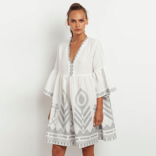 - Feather Chevron Mini Dress - White Grey